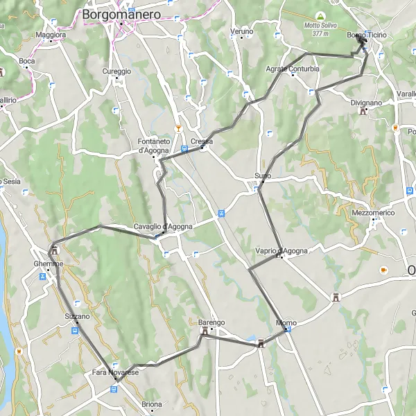 Mapa miniatúra "Cestovanie po ceste z Borgo Ticino" cyklistická inšpirácia v Piemonte, Italy. Vygenerované cyklistickým plánovačom trás Tarmacs.app