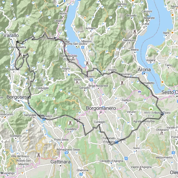 Karttaminiaatyyri "Bogogno - Monte Tre Croci di Breia" pyöräilyinspiraatiosta alueella Piemonte, Italy. Luotu Tarmacs.app pyöräilyreittisuunnittelijalla