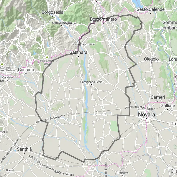 Miniatura della mappa di ispirazione al ciclismo "Giro in bicicletta da Borgo Ticino - Gattinara" nella regione di Piemonte, Italy. Generata da Tarmacs.app, pianificatore di rotte ciclistiche