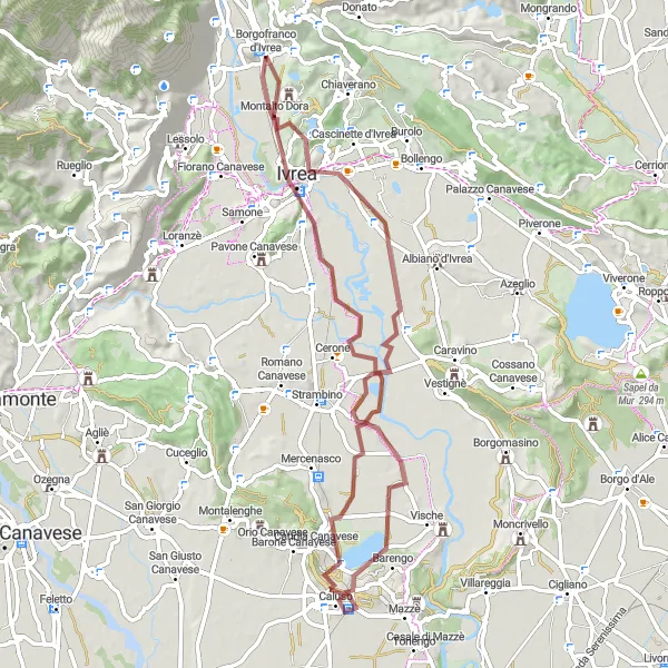 Miniaturekort af cykelinspirationen "Grusvej fra Borgofranco d'Ivrea til Monte Nero" i Piemonte, Italy. Genereret af Tarmacs.app cykelruteplanlægger