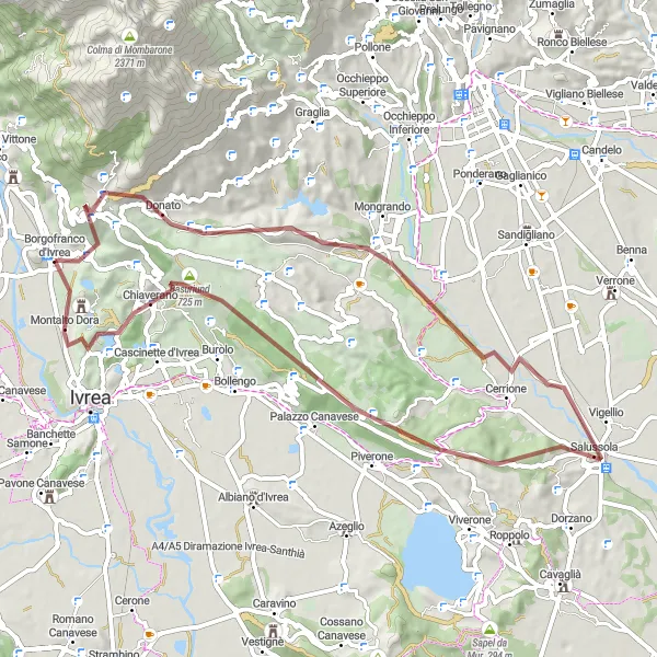 Miniatua del mapa de inspiración ciclista "Ruta de grava a través de Borgofranco d'Ivrea" en Piemonte, Italy. Generado por Tarmacs.app planificador de rutas ciclistas