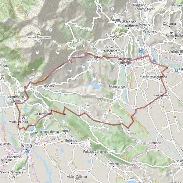 Miniatua del mapa de inspiración ciclista "Aventura extrema en bicicleta de grava alrededor de Borgofranco d'Ivrea" en Piemonte, Italy. Generado por Tarmacs.app planificador de rutas ciclistas