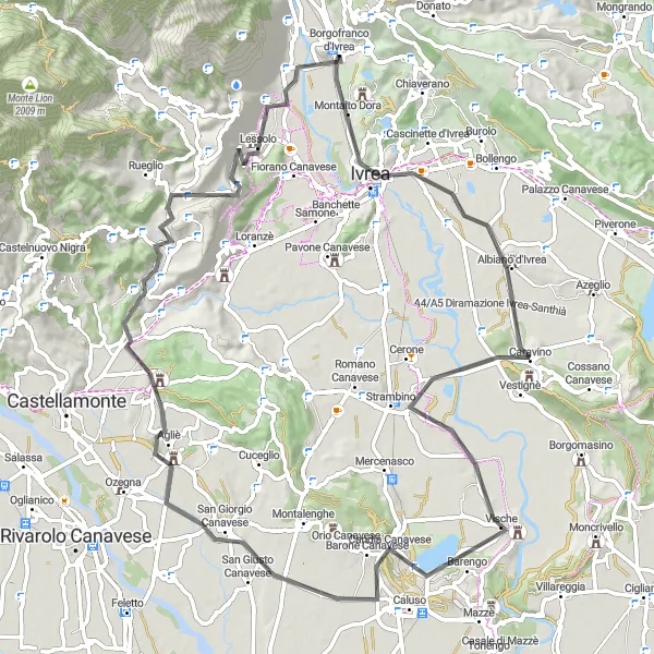 Miniatura della mappa di ispirazione al ciclismo "Giro in bicicletta da Borgofranco d'Ivrea a Monte Nero" nella regione di Piemonte, Italy. Generata da Tarmacs.app, pianificatore di rotte ciclistiche