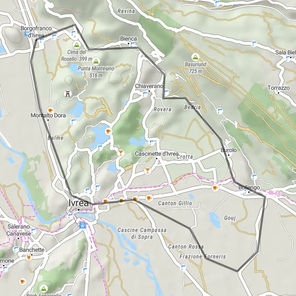 Miniatuurkaart van de fietsinspiratie "Korte wegroute naar Borgofranco d'Ivrea" in Piemonte, Italy. Gemaakt door de Tarmacs.app fietsrouteplanner