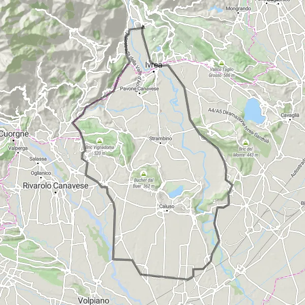 Zemljevid v pomanjšavi "Pot od Borgofranca d'Ivree do Monte Nerona" kolesarske inspiracije v Piemonte, Italy. Generirano z načrtovalcem kolesarskih poti Tarmacs.app