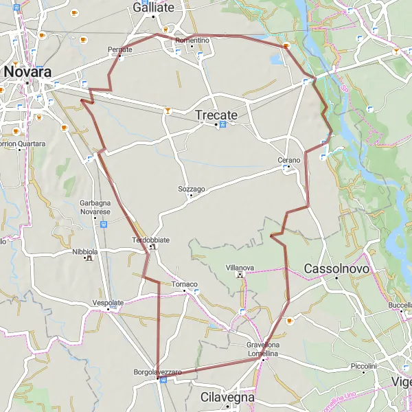 Miniatura della mappa di ispirazione al ciclismo "Gravel tra Borgolavezzaro e Terdobbiate" nella regione di Piemonte, Italy. Generata da Tarmacs.app, pianificatore di rotte ciclistiche