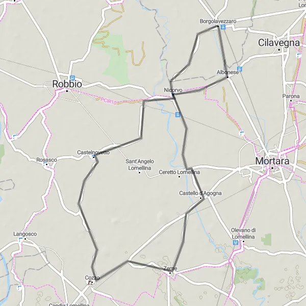 Miniaturní mapa "Okružní cyklistická trasa kolem Borgolavezzaro" inspirace pro cyklisty v oblasti Piemonte, Italy. Vytvořeno pomocí plánovače tras Tarmacs.app