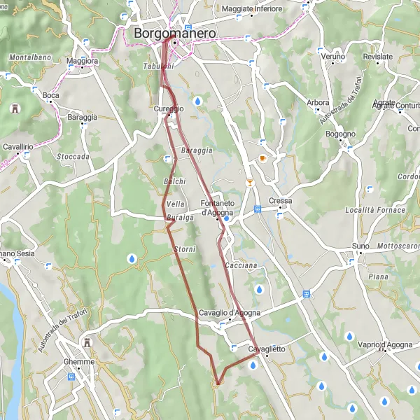 Miniatua del mapa de inspiración ciclista "Ruta Borgomanero-Cavaglio d'Agogna" en Piemonte, Italy. Generado por Tarmacs.app planificador de rutas ciclistas