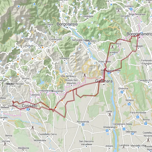 Miniature de la carte de l'inspiration cycliste "Boucle de gravier à travers les collines du Piémont" dans la Piemonte, Italy. Générée par le planificateur d'itinéraire cycliste Tarmacs.app