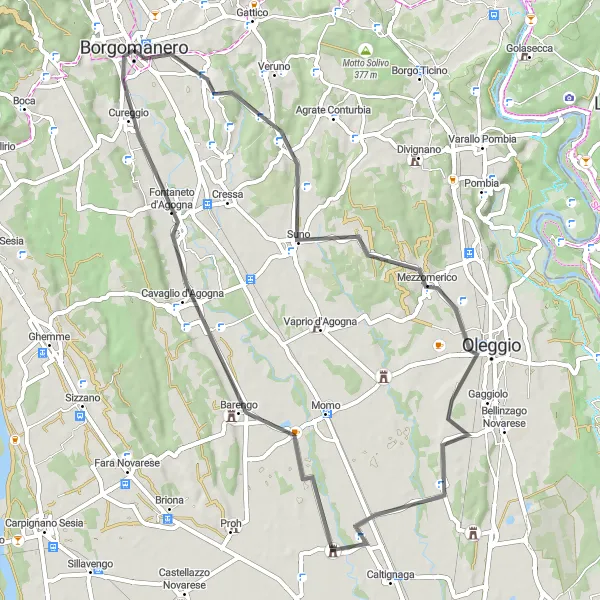 Miniatura della mappa di ispirazione al ciclismo "Sulle strade tra Borgomanero e Fontaneto d'Agogna" nella regione di Piemonte, Italy. Generata da Tarmacs.app, pianificatore di rotte ciclistiche