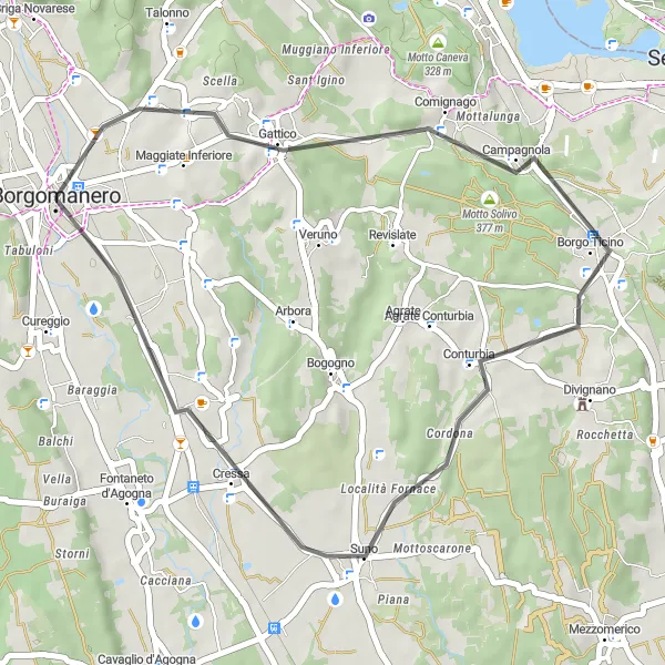 Miniatua del mapa de inspiración ciclista "Ruta Borgomanero - Suno - Sant'Alessandro" en Piemonte, Italy. Generado por Tarmacs.app planificador de rutas ciclistas