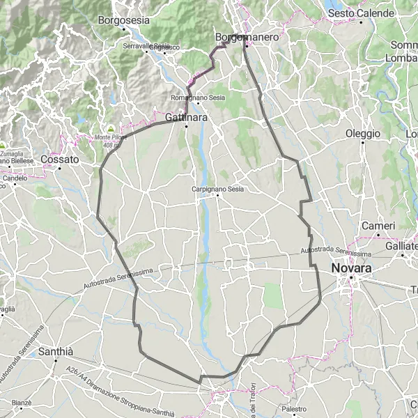 Zemljevid v pomanjšavi "Odkrijte skrite kotičke okoli Borgomanera" kolesarske inspiracije v Piemonte, Italy. Generirano z načrtovalcem kolesarskih poti Tarmacs.app
