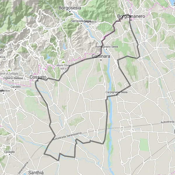 Mapa miniatúra "Road cycling route from Borgomanero to Canuggioni" cyklistická inšpirácia v Piemonte, Italy. Vygenerované cyklistickým plánovačom trás Tarmacs.app