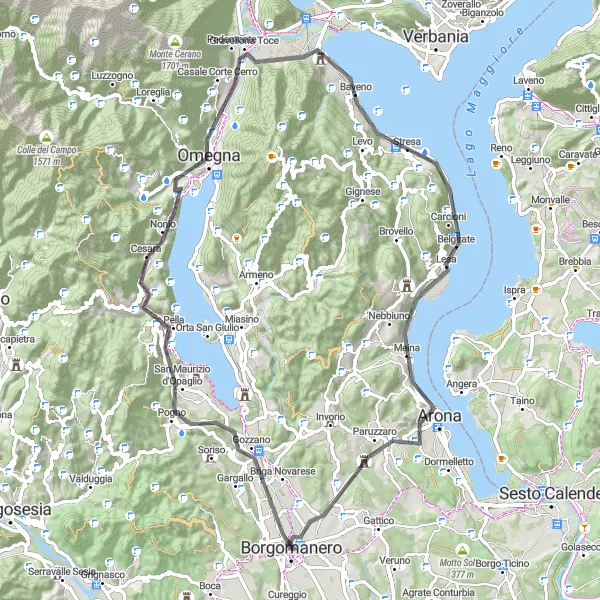 Mapa miniatúra "Cesta po ceste okolo Borgomanera" cyklistická inšpirácia v Piemonte, Italy. Vygenerované cyklistickým plánovačom trás Tarmacs.app