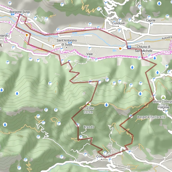 Miniaturní mapa "Gravelová trasa kolem Monte Pirchiriano" inspirace pro cyklisty v oblasti Piemonte, Italy. Vytvořeno pomocí plánovače tras Tarmacs.app