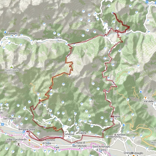 Mapa miniatúra "Gravel Bike Tour Around Borgone Susa" cyklistická inšpirácia v Piemonte, Italy. Vygenerované cyklistickým plánovačom trás Tarmacs.app