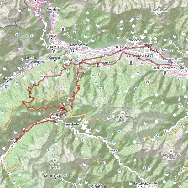 Miniatua del mapa de inspiración ciclista "Ruta en Grava hacia Usseaux" en Piemonte, Italy. Generado por Tarmacs.app planificador de rutas ciclistas