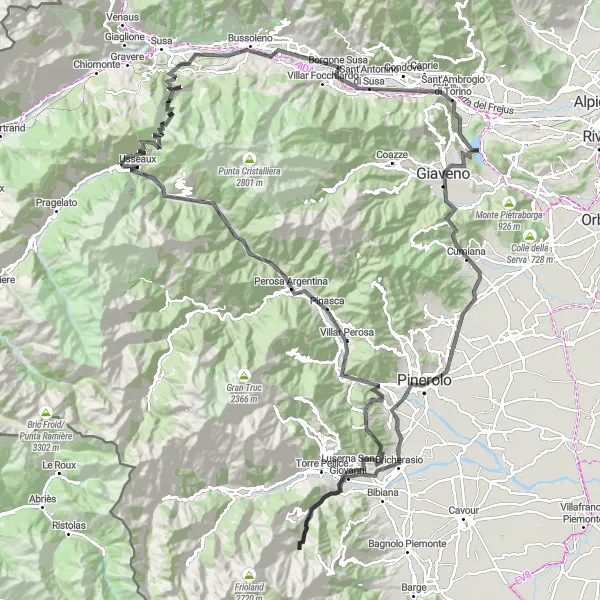 Miniatua del mapa de inspiración ciclista "Ruta de ciclismo de carretera alrededor de Borgone Susa" en Piemonte, Italy. Generado por Tarmacs.app planificador de rutas ciclistas
