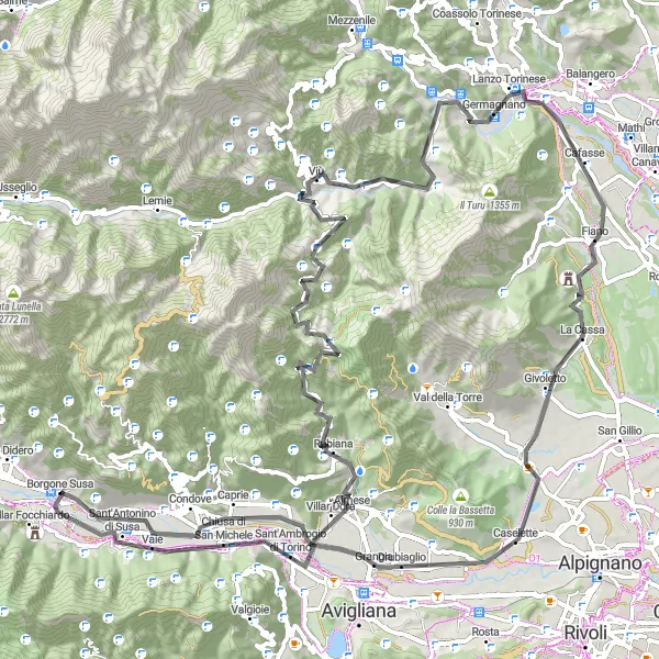 Miniature de la carte de l'inspiration cycliste "Monts et Vallées" dans la Piemonte, Italy. Générée par le planificateur d'itinéraire cycliste Tarmacs.app