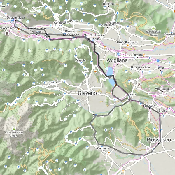 Miniaturní mapa "Okružní cyklistická trasa kolem Borgone Susa" inspirace pro cyklisty v oblasti Piemonte, Italy. Vytvořeno pomocí plánovače tras Tarmacs.app