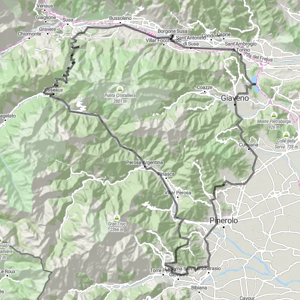 Mapa miniatúra "Okruh Cestou V okolí Borgone Susa" cyklistická inšpirácia v Piemonte, Italy. Vygenerované cyklistickým plánovačom trás Tarmacs.app