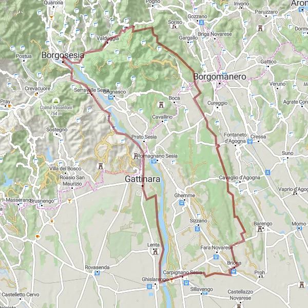 Map miniature of "Picturesque Gravel Cycling Route: Borgosesia to Cascine Enea" cycling inspiration in Piemonte, Italy. Generated by Tarmacs.app cycling route planner
