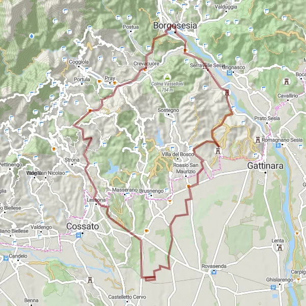 Miniatura della mappa di ispirazione al ciclismo "Giro in Gravel intorno a Borgosesia" nella regione di Piemonte, Italy. Generata da Tarmacs.app, pianificatore di rotte ciclistiche