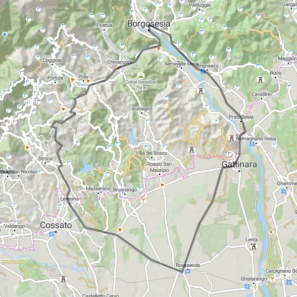 Karttaminiaatyyri "Seikkailullinen maantiekiertue Borgosesian lähellä" pyöräilyinspiraatiosta alueella Piemonte, Italy. Luotu Tarmacs.app pyöräilyreittisuunnittelijalla