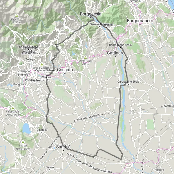 Map miniature of "Borgosesia Loop via Romagnano Sesia and Salussola" cycling inspiration in Piemonte, Italy. Generated by Tarmacs.app cycling route planner