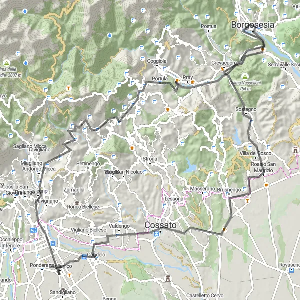 Miniature de la carte de l'inspiration cycliste "Aventure à vélo à travers Biella et Borgosesia" dans la Piemonte, Italy. Générée par le planificateur d'itinéraire cycliste Tarmacs.app