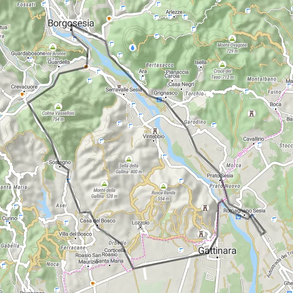 Map miniature of "Borgosesia to Borgosesia via Romagnano Sesia" cycling inspiration in Piemonte, Italy. Generated by Tarmacs.app cycling route planner