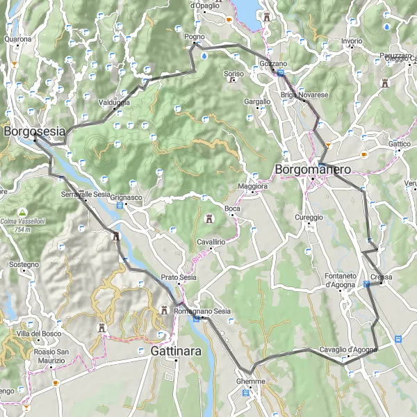 Zemljevid v pomanjšavi "Kolesarska pot okoli Borgosesie" kolesarske inspiracije v Piemonte, Italy. Generirano z načrtovalcem kolesarskih poti Tarmacs.app