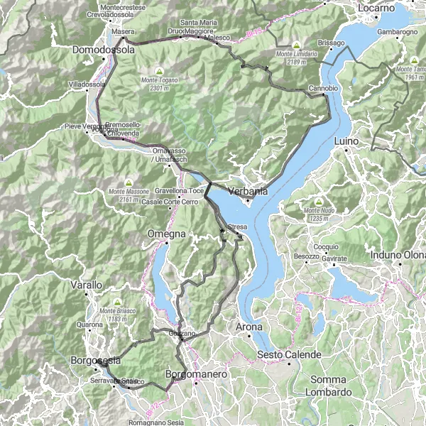 Miniatura della mappa di ispirazione al ciclismo "Giro panoramico intorno al Lago Maggiore" nella regione di Piemonte, Italy. Generata da Tarmacs.app, pianificatore di rotte ciclistiche