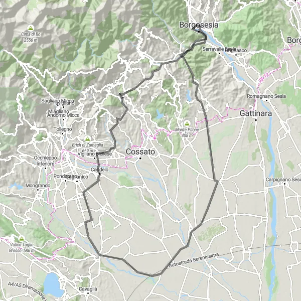Miniaturní mapa "Okruh kolem Borgosesia přes Tre Croci, Salussola a Pray" inspirace pro cyklisty v oblasti Piemonte, Italy. Vytvořeno pomocí plánovače tras Tarmacs.app