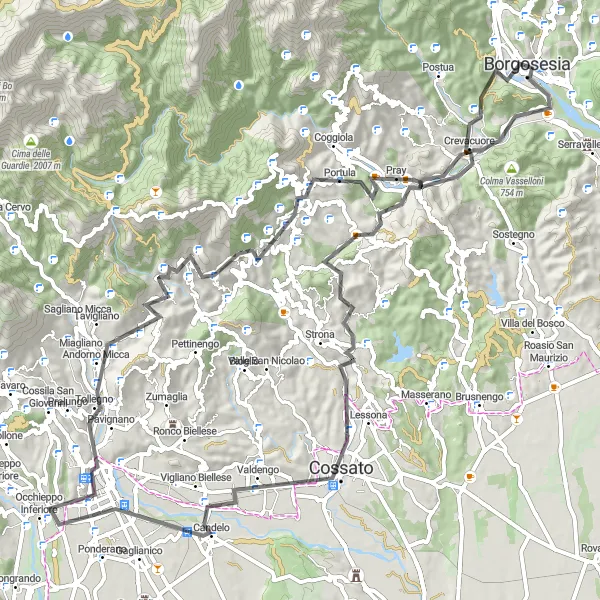 Kartminiatyr av "Bergaktig Eventyr fra Borgosesia" sykkelinspirasjon i Piemonte, Italy. Generert av Tarmacs.app sykkelrutoplanlegger