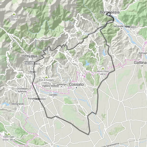 Map miniature of "Borgosesia to Gaglianico via Bric della Randolina" cycling inspiration in Piemonte, Italy. Generated by Tarmacs.app cycling route planner