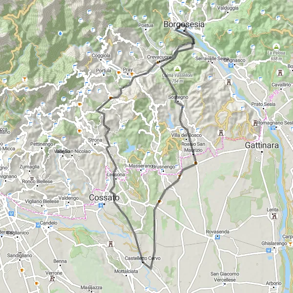 Map miniature of "Scenic Road Cycling Route near Borgosesia" cycling inspiration in Piemonte, Italy. Generated by Tarmacs.app cycling route planner