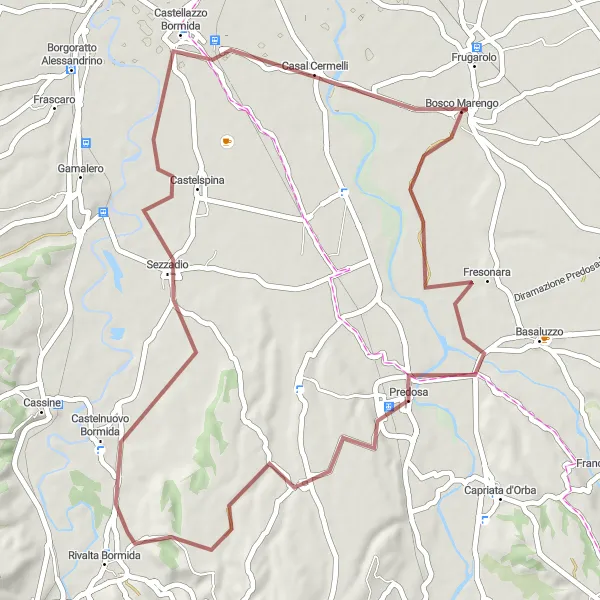 Mapa miniatúra "Gravel okruh cez Castellazzo Bormida" cyklistická inšpirácia v Piemonte, Italy. Vygenerované cyklistickým plánovačom trás Tarmacs.app