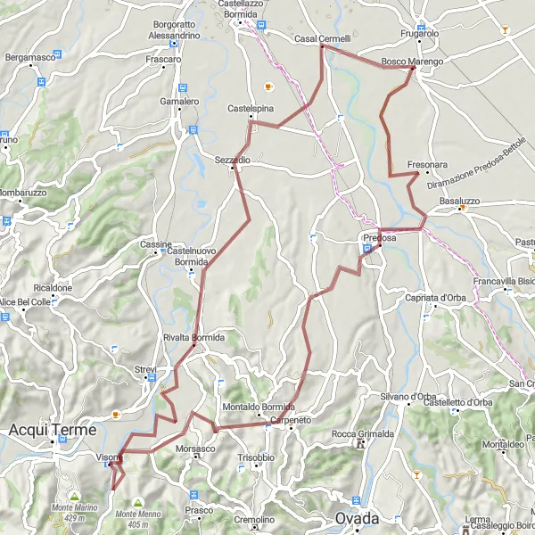 Kartminiatyr av "Bosco Marengo - Predosa - Visone - Castelnuovo Bormida - Sezzadio - Casal Cermelli Loop" sykkelinspirasjon i Piemonte, Italy. Generert av Tarmacs.app sykkelrutoplanlegger