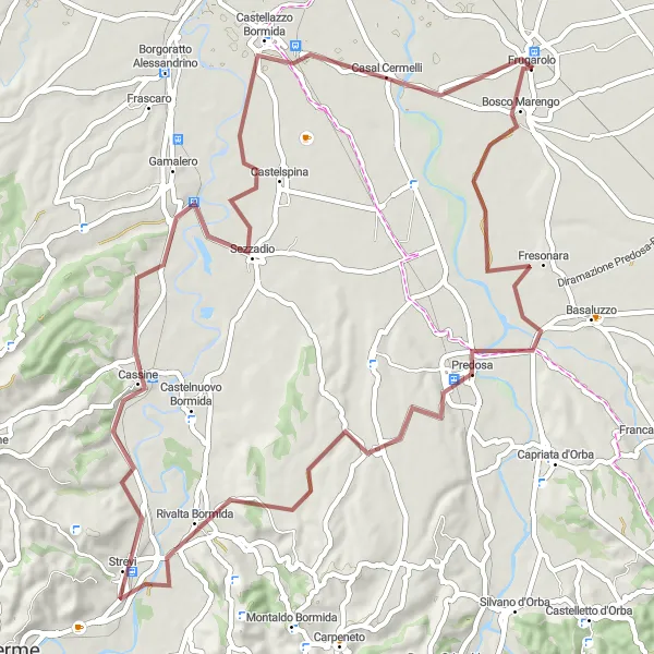 Karttaminiaatyyri "Bosco Marengo-Rivalta Bormida Gravel Route" pyöräilyinspiraatiosta alueella Piemonte, Italy. Luotu Tarmacs.app pyöräilyreittisuunnittelijalla