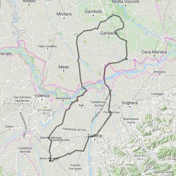 Map miniature of "Bosco Marengo to Rivalta Scrivia" cycling inspiration in Piemonte, Italy. Generated by Tarmacs.app cycling route planner