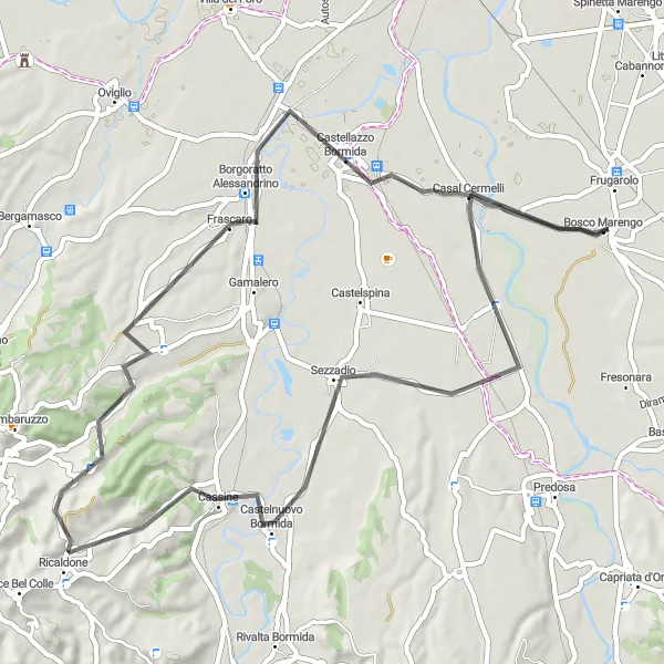 Map miniature of "Bosco Marengo to Castelnuovo Bormida" cycling inspiration in Piemonte, Italy. Generated by Tarmacs.app cycling route planner