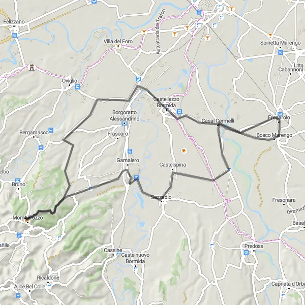 Map miniature of "Frugarolo to Castellazzo Bormida" cycling inspiration in Piemonte, Italy. Generated by Tarmacs.app cycling route planner