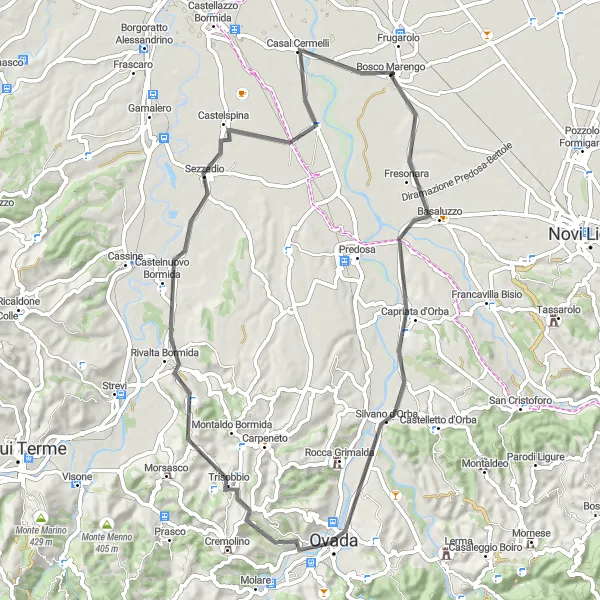 Map miniature of "Exploring Ovada and Trisobbio" cycling inspiration in Piemonte, Italy. Generated by Tarmacs.app cycling route planner