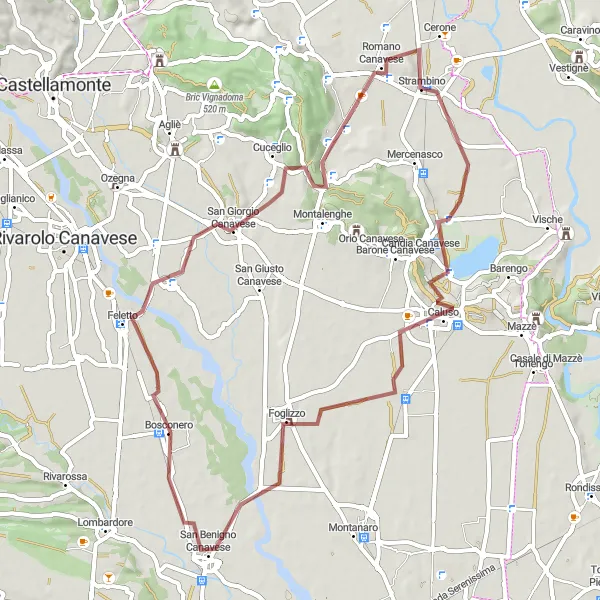 Miniatua del mapa de inspiración ciclista "Ruta de ciclismo de grava a San Benigno Canavese" en Piemonte, Italy. Generado por Tarmacs.app planificador de rutas ciclistas