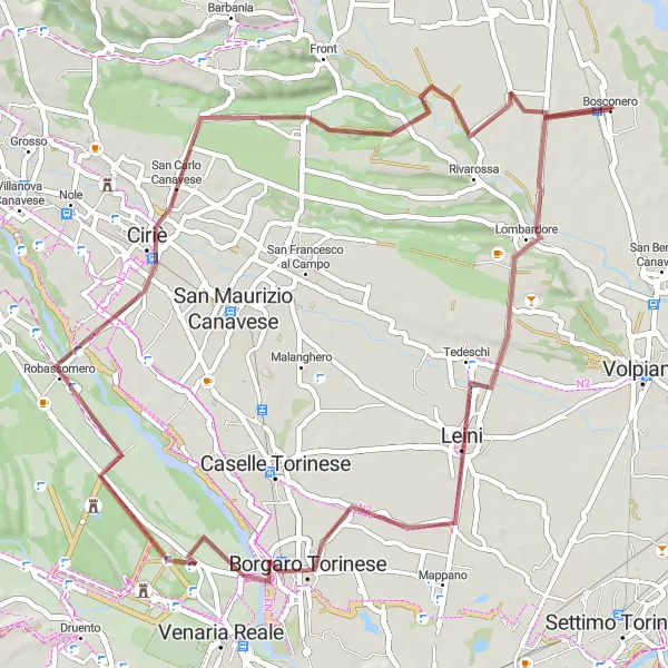 Miniatura della mappa di ispirazione al ciclismo "Giro Gravel tra Bosconero e Piemonte" nella regione di Piemonte, Italy. Generata da Tarmacs.app, pianificatore di rotte ciclistiche