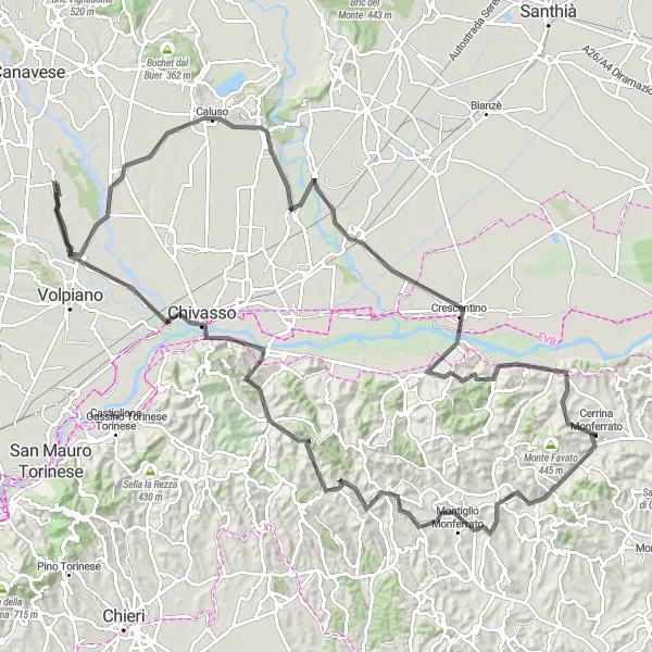 Miniatua del mapa de inspiración ciclista "Ruta de ciclismo de carretera hacia Bosconero" en Piemonte, Italy. Generado por Tarmacs.app planificador de rutas ciclistas