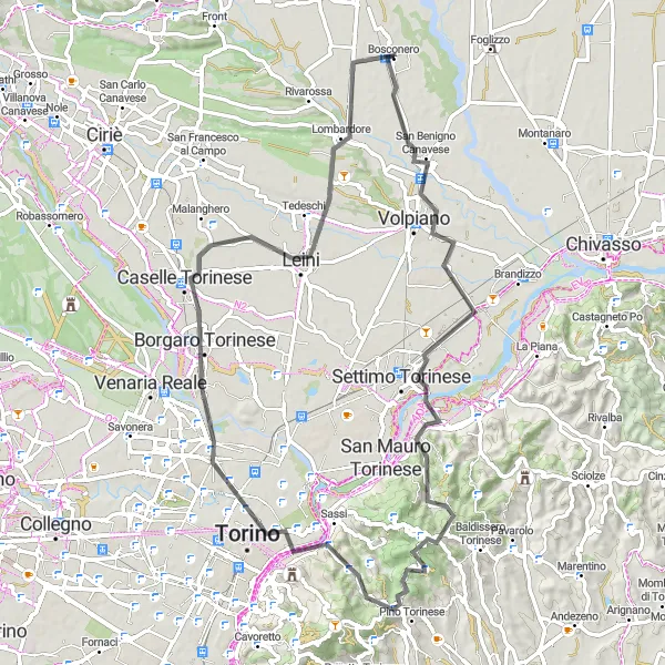Kartminiatyr av "San Benigno Canavese till Mole Antonelliana cykeltur" cykelinspiration i Piemonte, Italy. Genererad av Tarmacs.app cykelruttplanerare