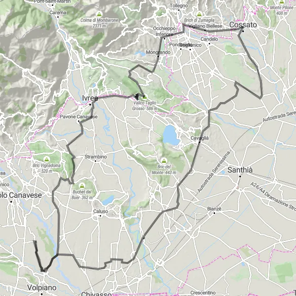 Miniaturní mapa "Okruh Bosconero - San Giusto Canavese" inspirace pro cyklisty v oblasti Piemonte, Italy. Vytvořeno pomocí plánovače tras Tarmacs.app