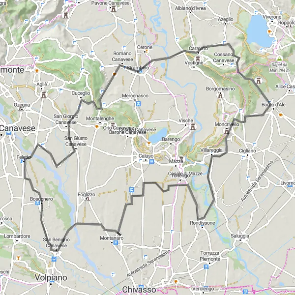 Kartminiatyr av "Feletto till Rondissone cykeltur" cykelinspiration i Piemonte, Italy. Genererad av Tarmacs.app cykelruttplanerare
